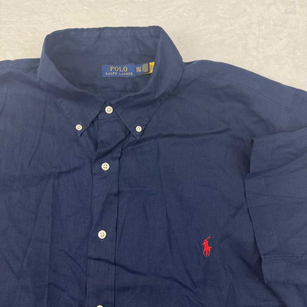 Polo Ralph Lauren Mens 2XLT Navy Blue 100% Linen Short Sleeve Button Down Shirt